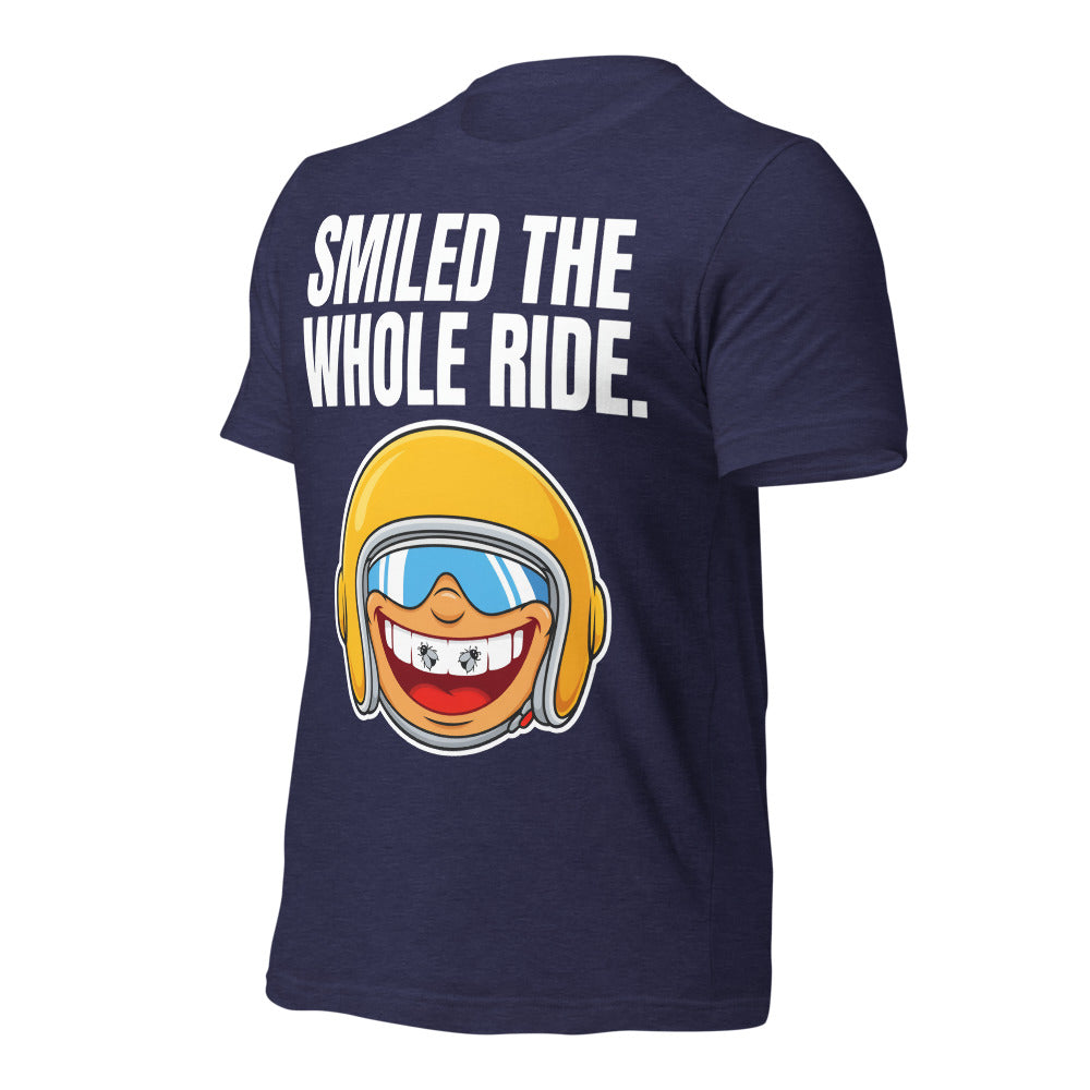 Smiled The Whole Ride funny motorcycle tee — Heather Midnight Navy, front-right
