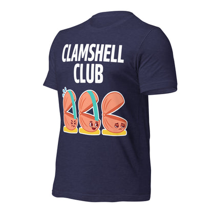Clamshell Club funny physical therapy tee — Heather Midnight Navy, front-right