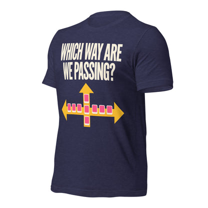 Which Way Are We Passing funny mahjong tee — Heather Midnight Navy, front-right