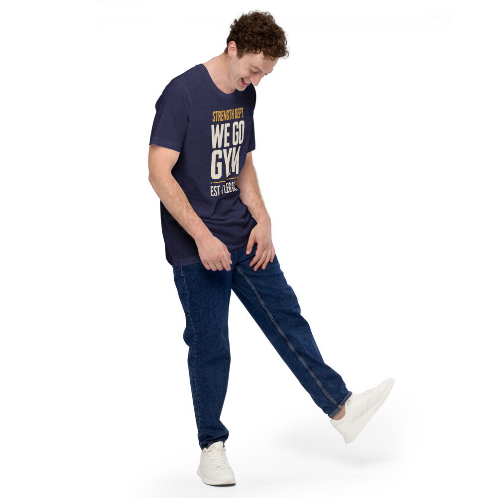 We Go Gym vintage athletic gym tee — Heather Midnight Navy, model