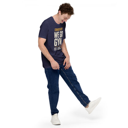 We Go Gym vintage athletic gym tee — Heather Midnight Navy, model