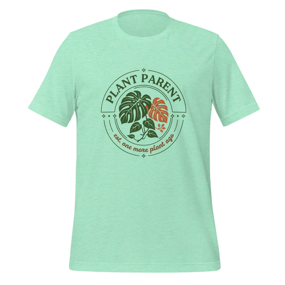 Plant Parent retro botanical badge tee — Heather Mint, front