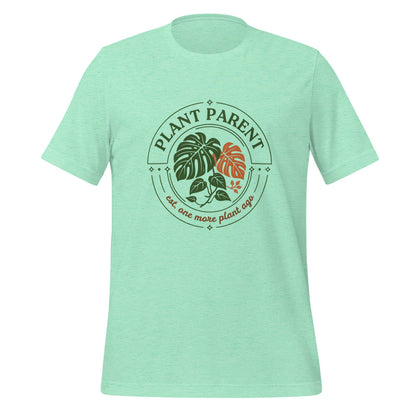 Plant Parent retro botanical badge tee — Heather Mint, front