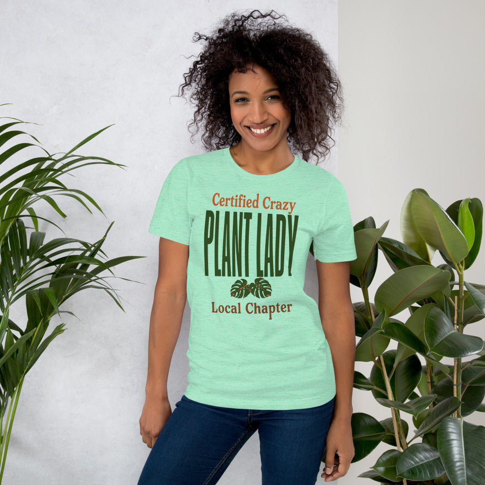 Certified Crazy Plant Lady retro botanical tee — Heather Mint, on model