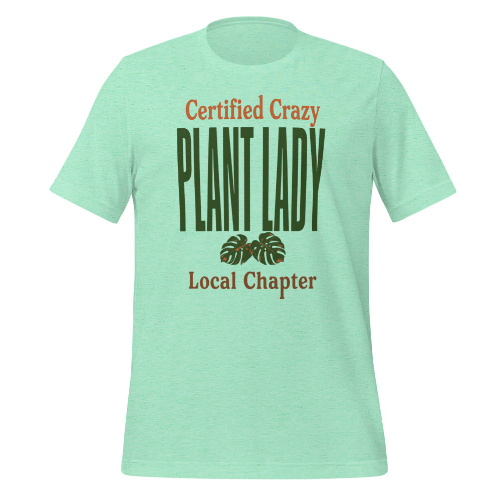 Certified Crazy Plant Lady retro botanical tee — Heather Mint, front