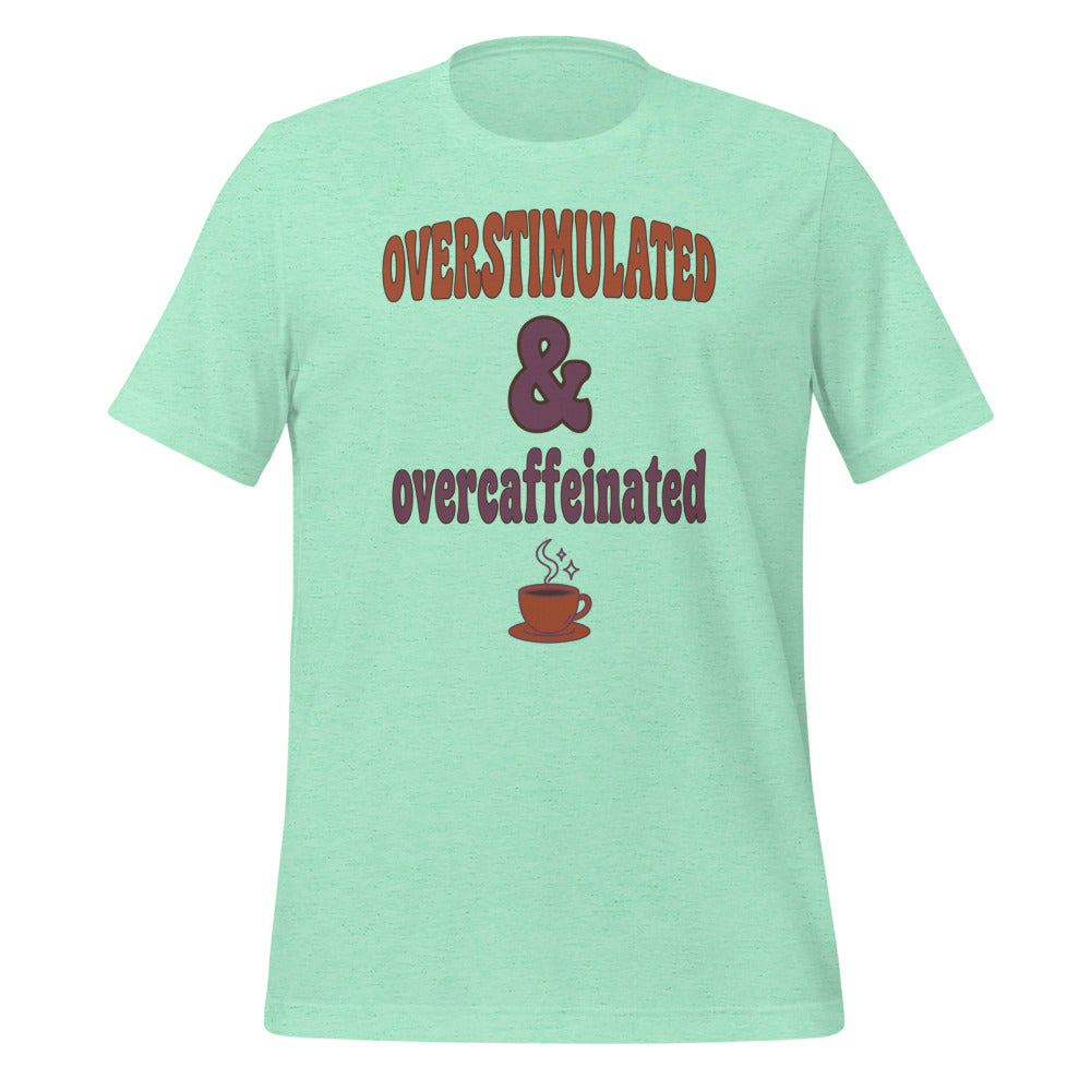 Overstimulated & Overcaffeinated soft retro coffee mental health tee — Heather Mint, front