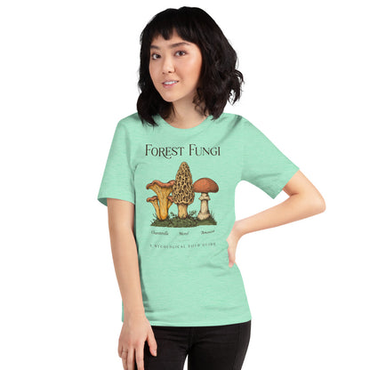 Forest Fungi vintage mushroom field guide tee — Heather Mint, on model