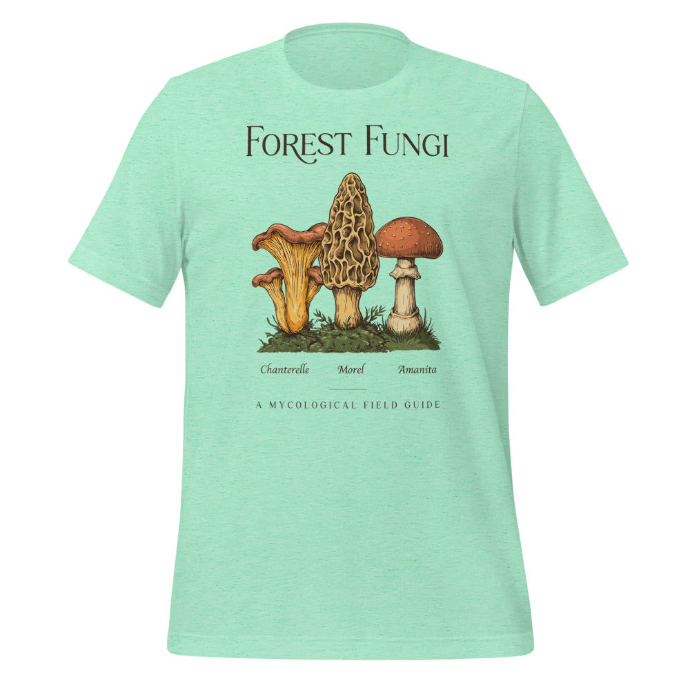 Forest Fungi vintage mushroom field guide tee — Heather Mint, front