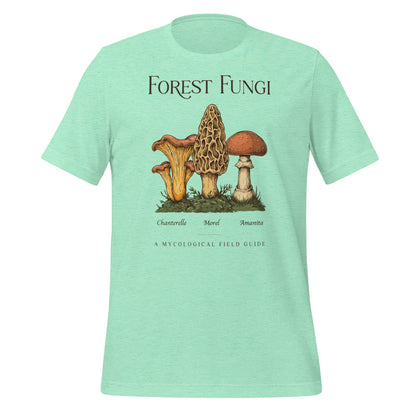 Forest Fungi vintage mushroom field guide tee — Heather Mint, front