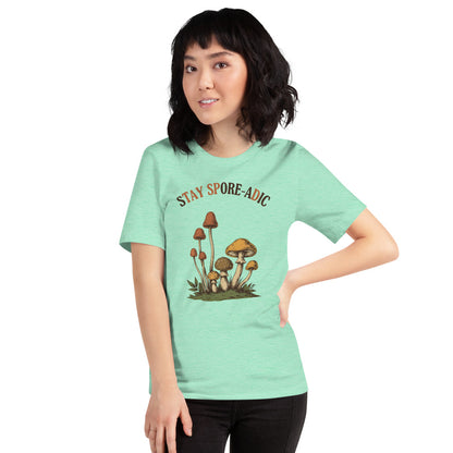 Stay Spore-adic funny vintage mushroom tee — Heather Mint, on model