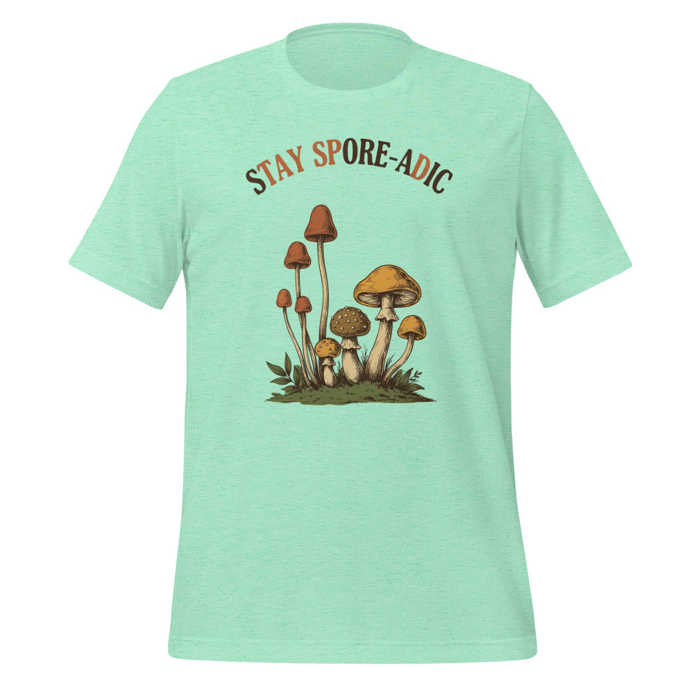 Stay Spore-adic funny vintage mushroom tee — Heather Mint, front