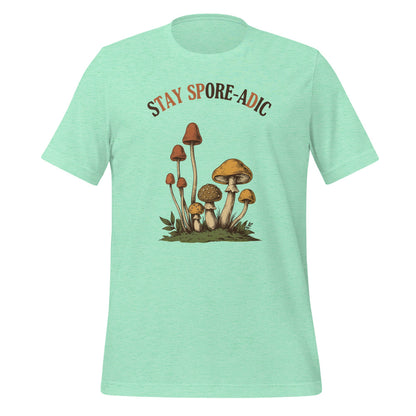 Stay Spore-adic funny vintage mushroom tee — Heather Mint, front