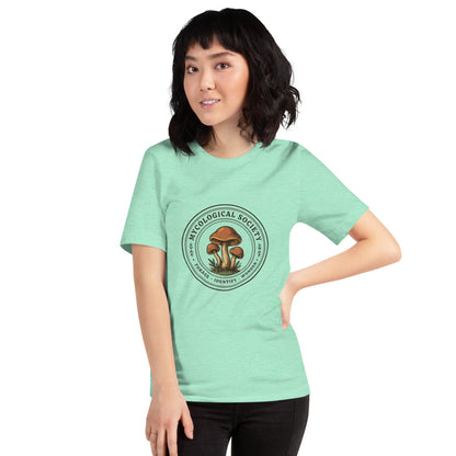 Mushroom Foraging Mycological Society vintage botanical tee — Heather Mint, on model