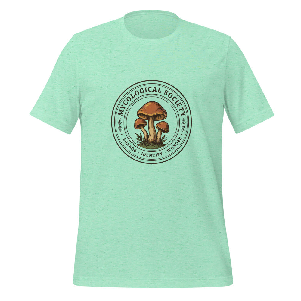 Mushroom Foraging Mycological Society vintage botanical tee — Heather Mint, front