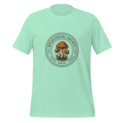 Mushroom Foraging Mycological Society vintage botanical tee — Heather Mint, front