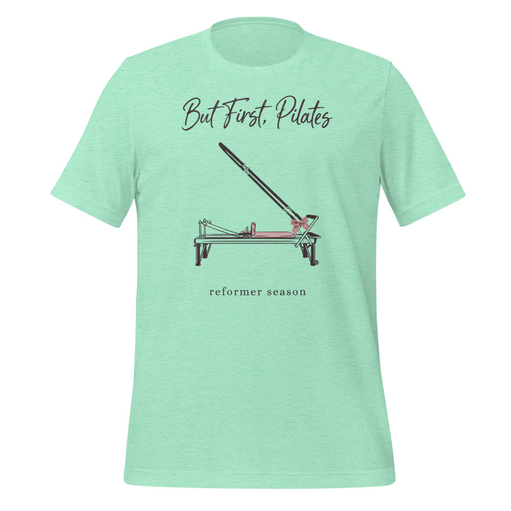 But First Pilates reformer line-art tee — Heather Mint, front