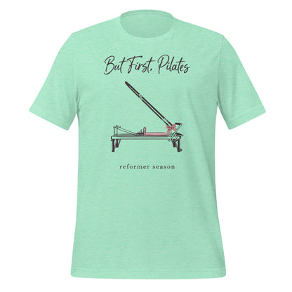But First Pilates reformer line-art tee — Heather Mint, front
