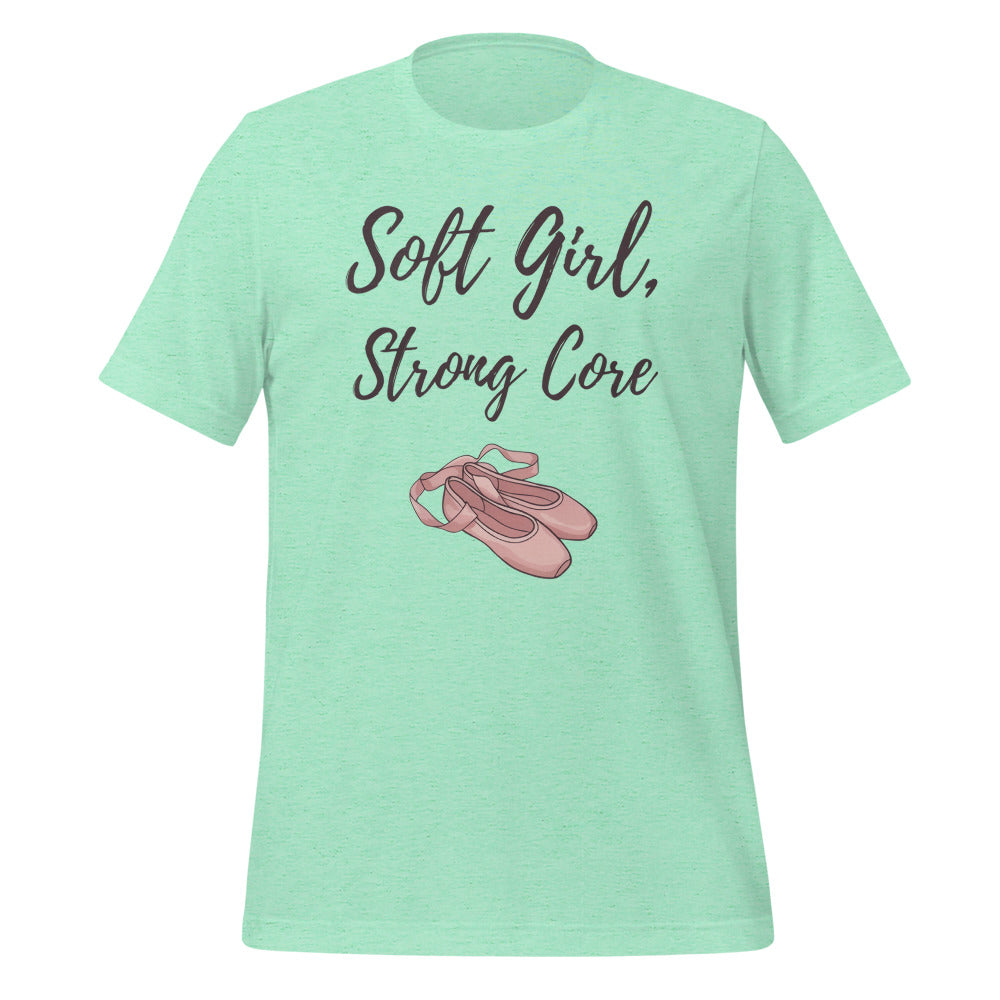 Soft Girl Strong Core ballet coquette pilates tee — Heather Mint, front