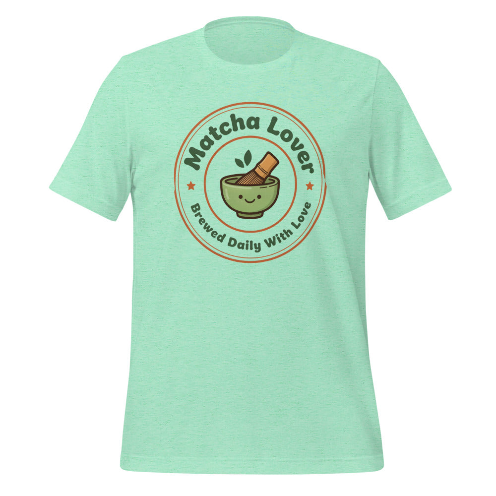 Matcha Lover retro café badge tee — Heather Mint, front