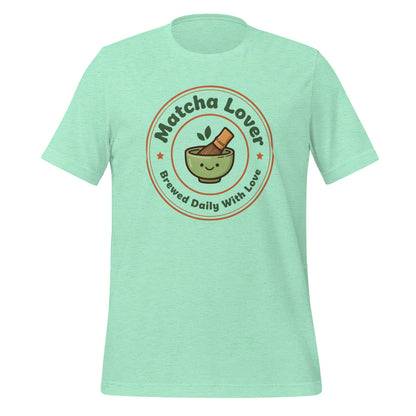 Matcha Lover retro café badge tee — Heather Mint, front