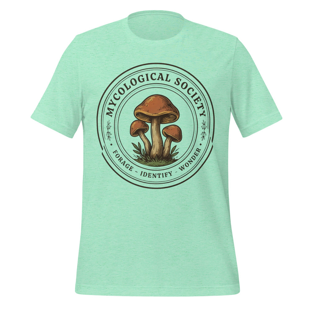 Mushroom Foraging Mycological Society vintage botanical tee — Heather Mint, front