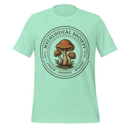 Mushroom Foraging Mycological Society vintage botanical tee — Heather Mint, front