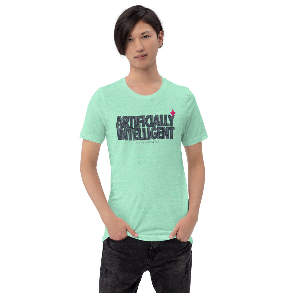 Artificially Intelligent funny AI t-shirt — Heather Mint, on model
