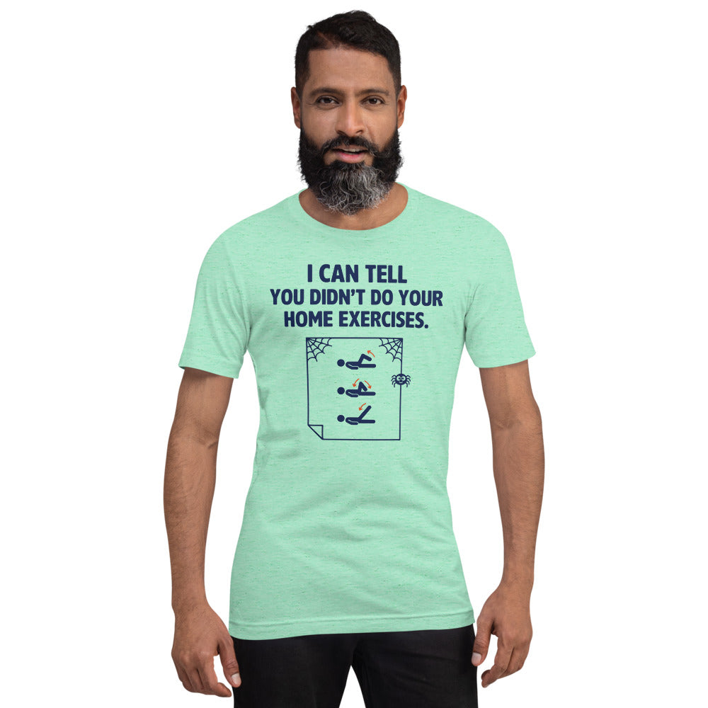 Home Exercises funny physical therapy tee — Heather Mint, on model
