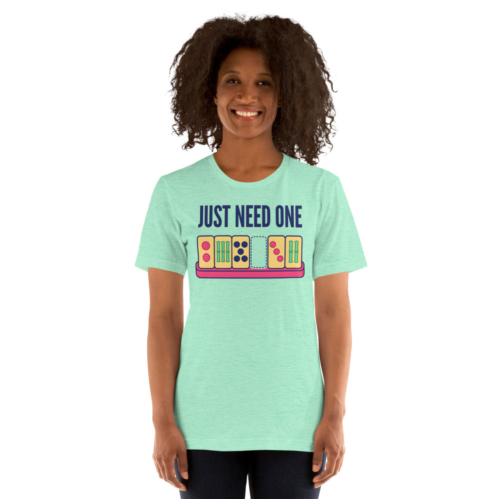 Just Need One funny mahjong tee — Heather Mint, on model