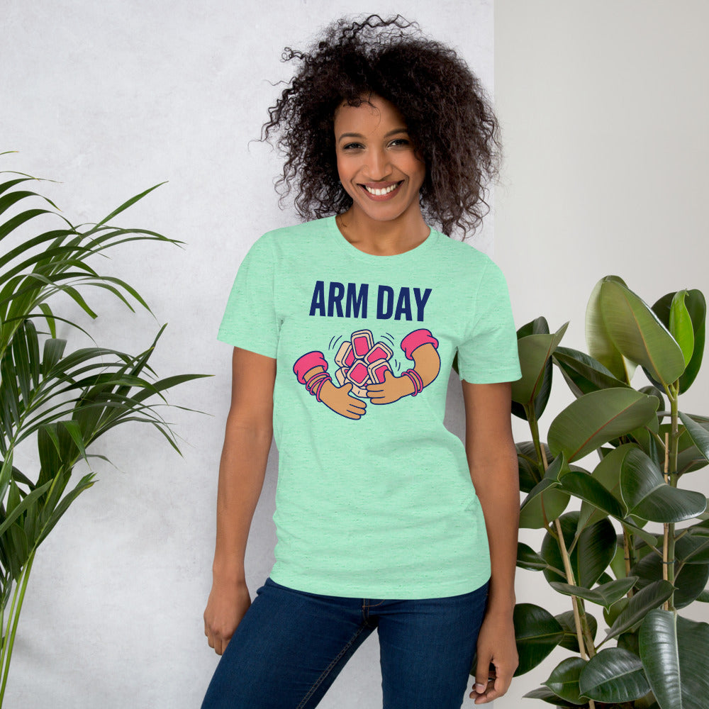 Arm Day funny mahjong tee — Heather Mint, on model