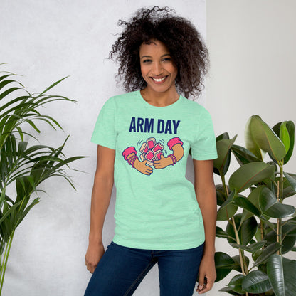 Arm Day funny mahjong tee — Heather Mint, on model