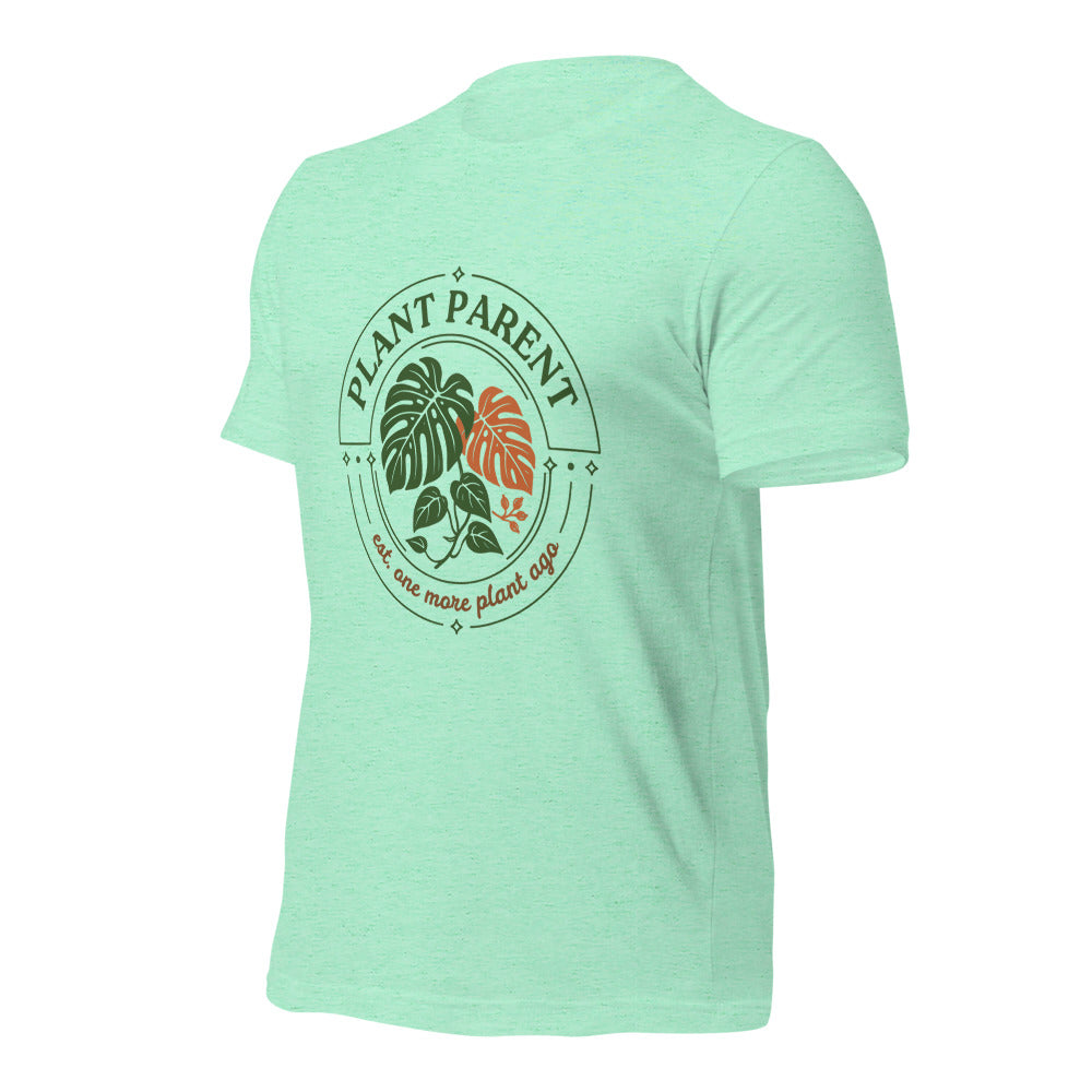 Plant Parent retro botanical badge tee — Heather Mint, front right