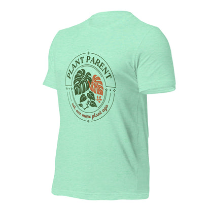 Plant Parent retro botanical badge tee — Heather Mint, front right
