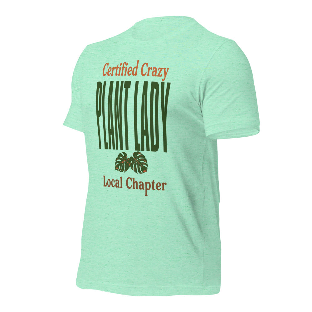 Certified Crazy Plant Lady retro botanical tee — Heather Mint, front right