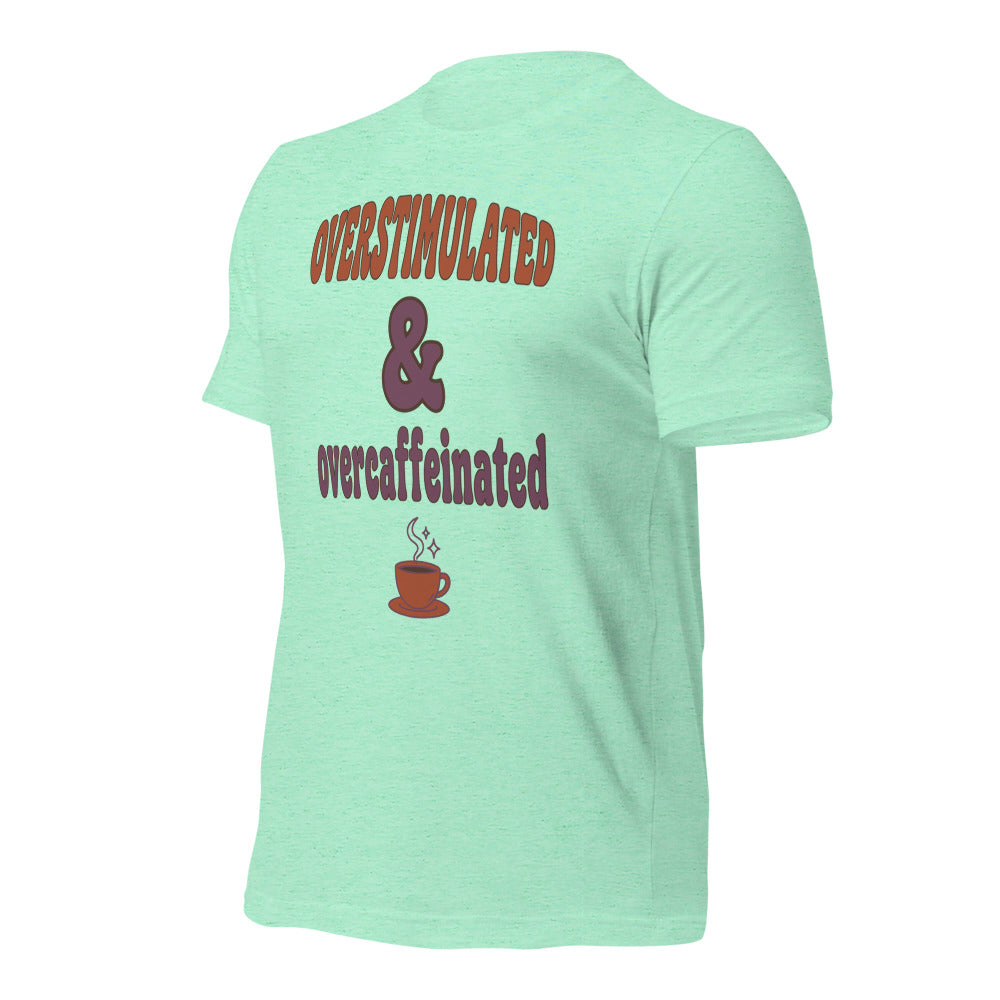 Overstimulated & Overcaffeinated soft retro coffee mental health tee — Heather Mint, front-right