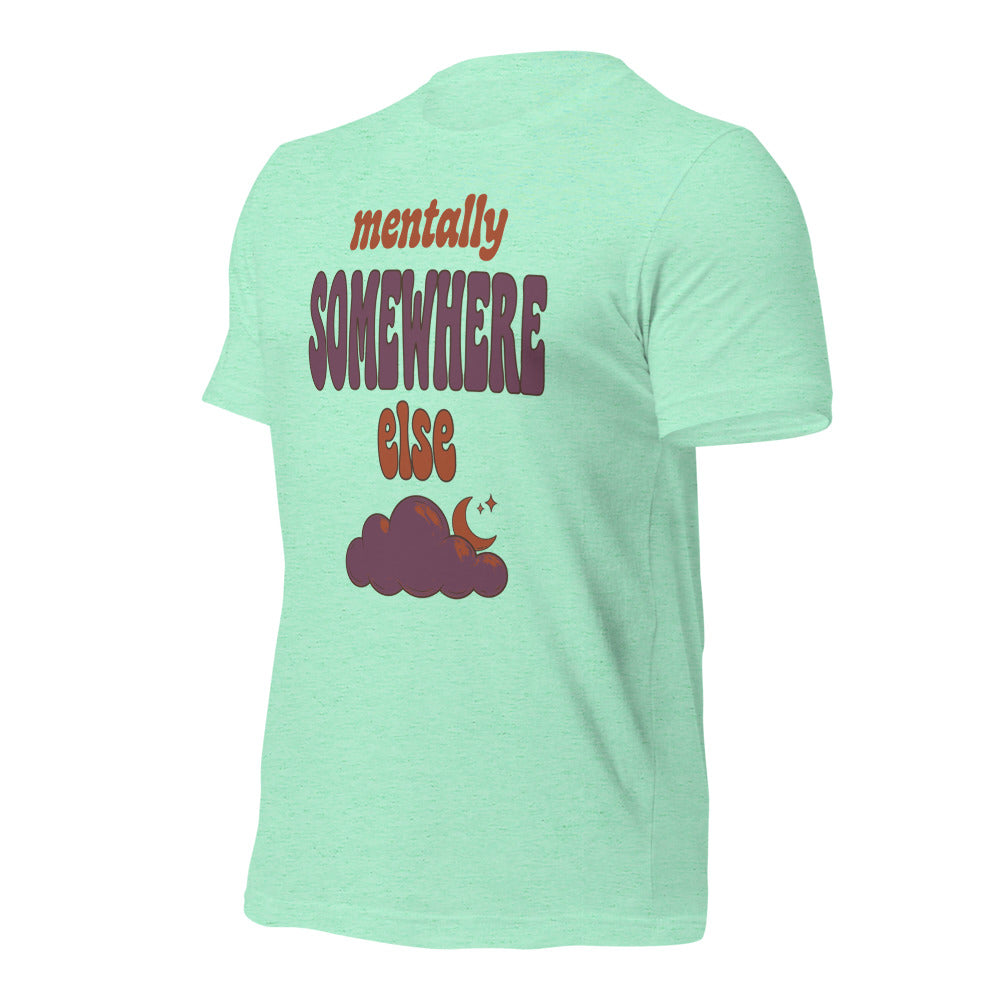 Mentally Somewhere Else soft retro daydream mental health tee — Heather Mint, front-right