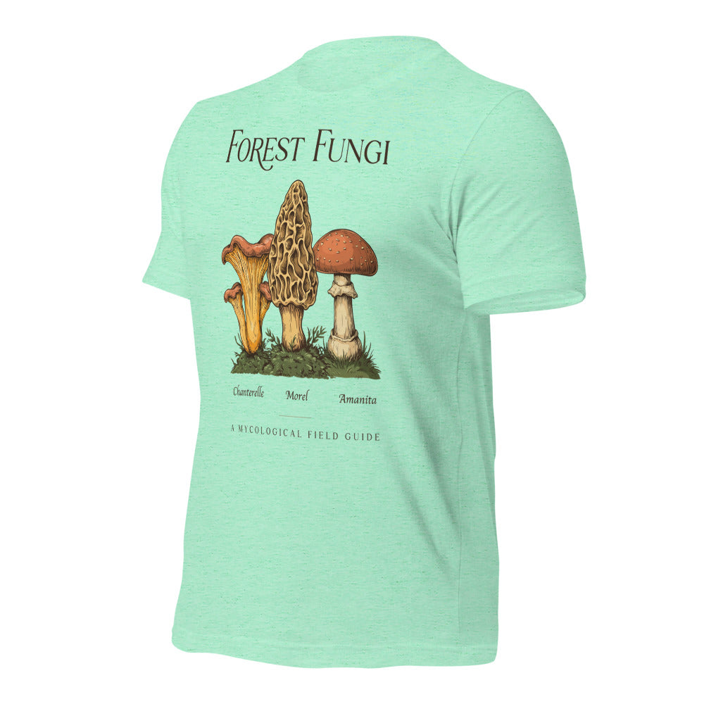 Forest Fungi vintage mushroom field guide tee — Heather Mint, front-right