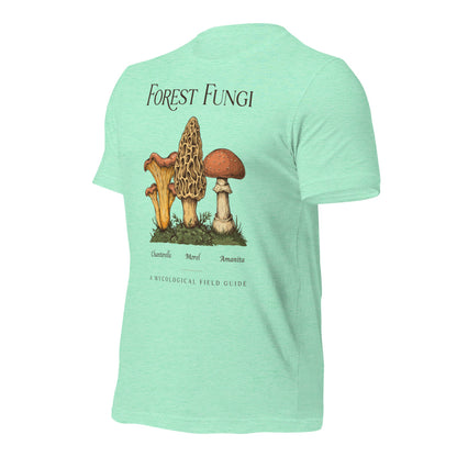 Forest Fungi vintage mushroom field guide tee — Heather Mint, front-right