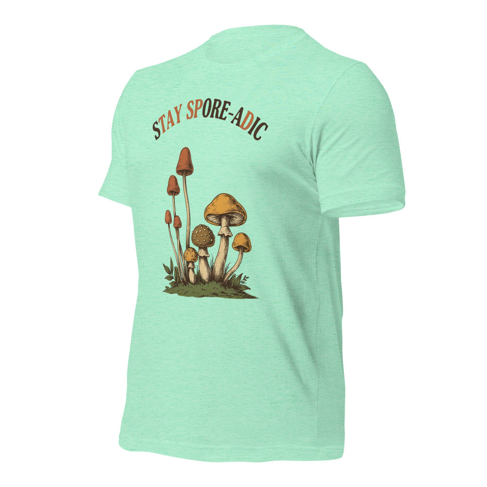 Stay Spore-adic funny vintage mushroom tee — Heather Mint, front-right