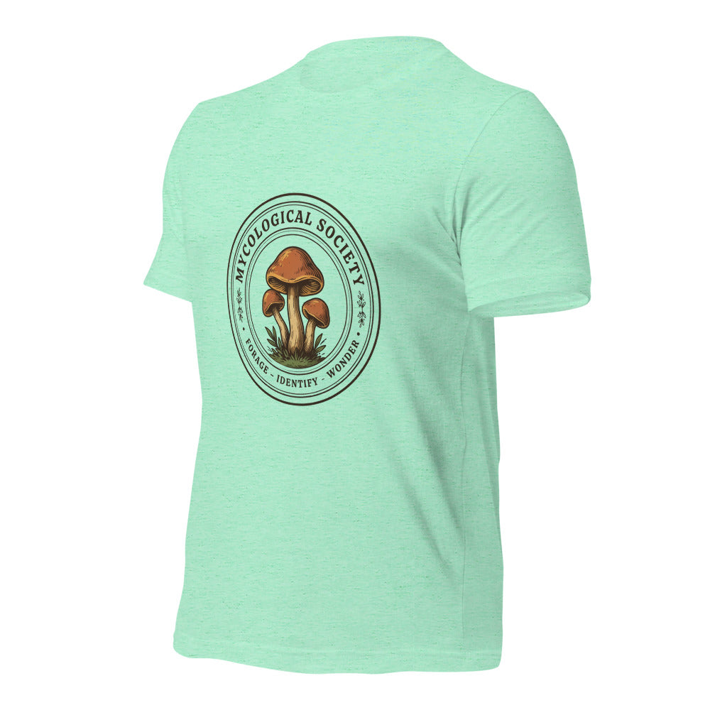 Mushroom Foraging Mycological Society vintage botanical tee — Heather Mint, front-right