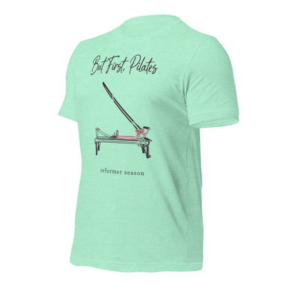 But First Pilates reformer line-art tee — Heather Mint, front-right