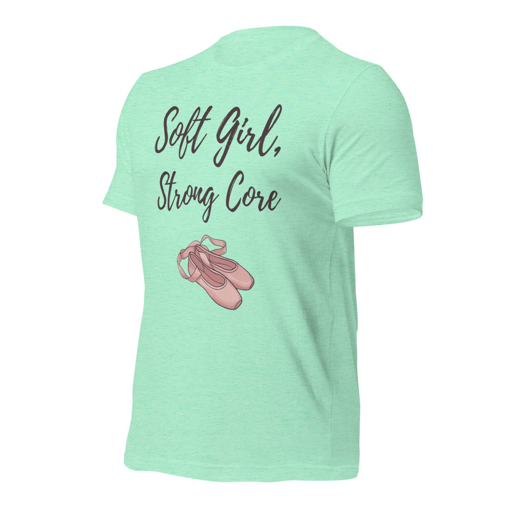Soft Girl Strong Core ballet coquette pilates tee — Heather Mint, front-right