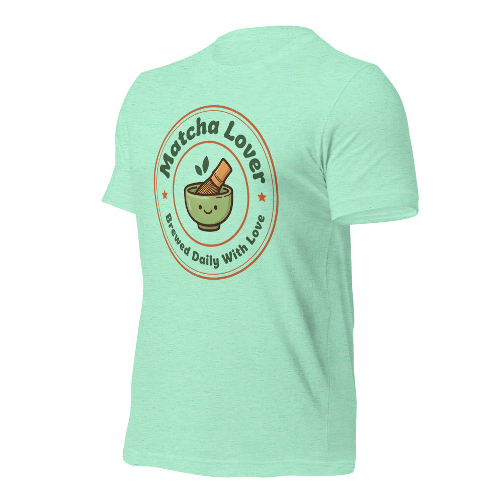 Matcha Lover retro café badge tee — Heather Mint, front-right