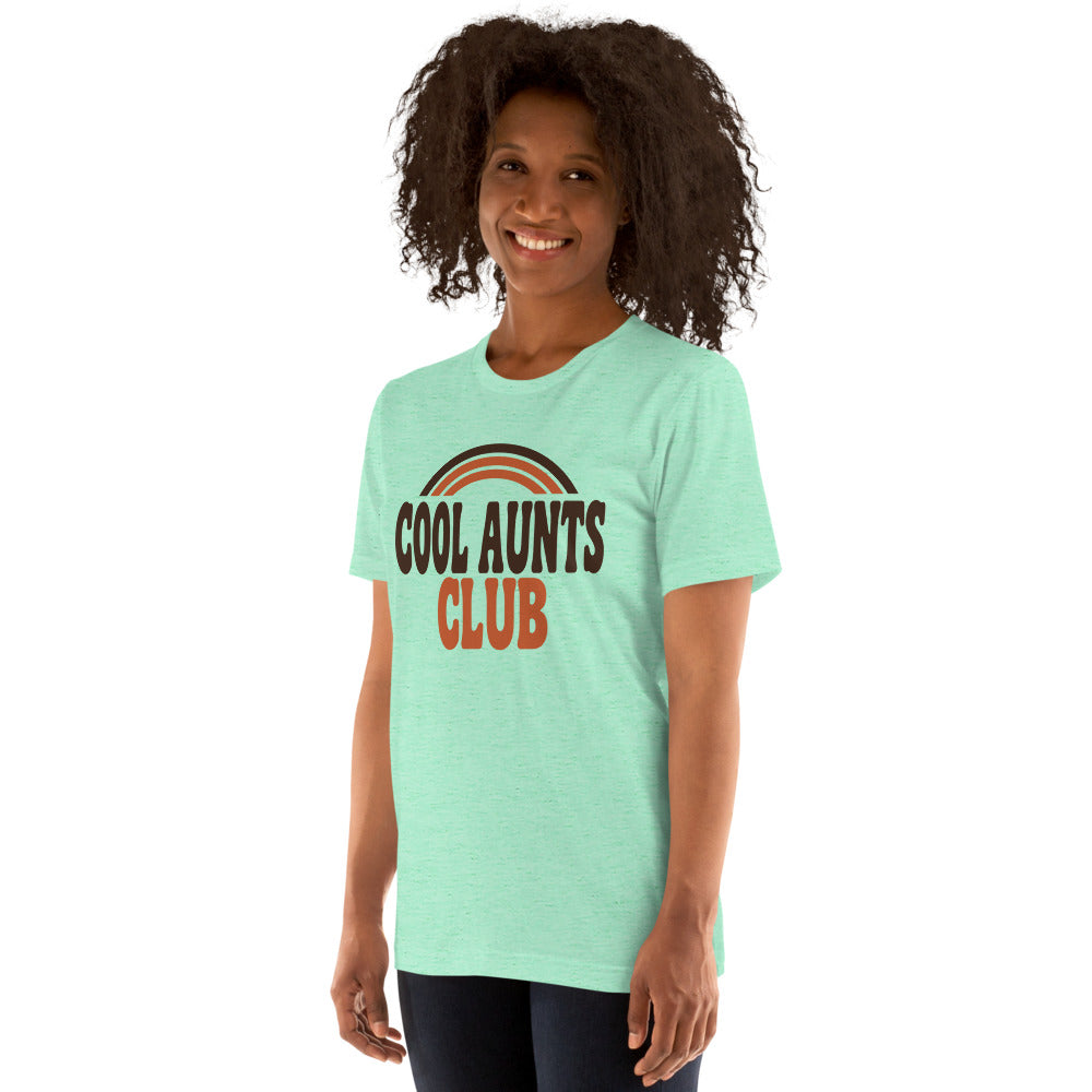 Cool Aunts Club retro groovy aunt tee — Heather Mint, on model