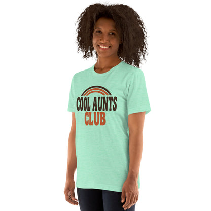 Cool Aunts Club retro groovy aunt tee — Heather Mint, on model