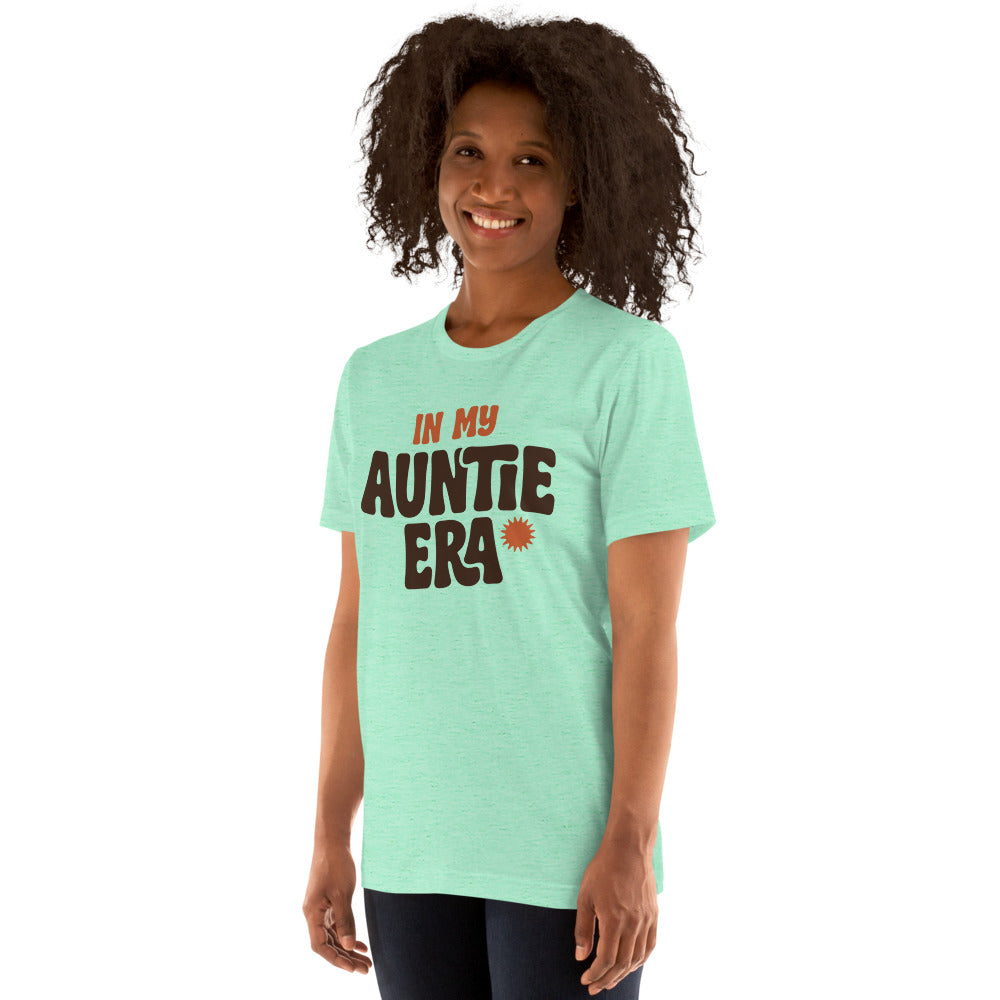 In My Auntie Era retro groovy aunt tee — Heather Mint, on model