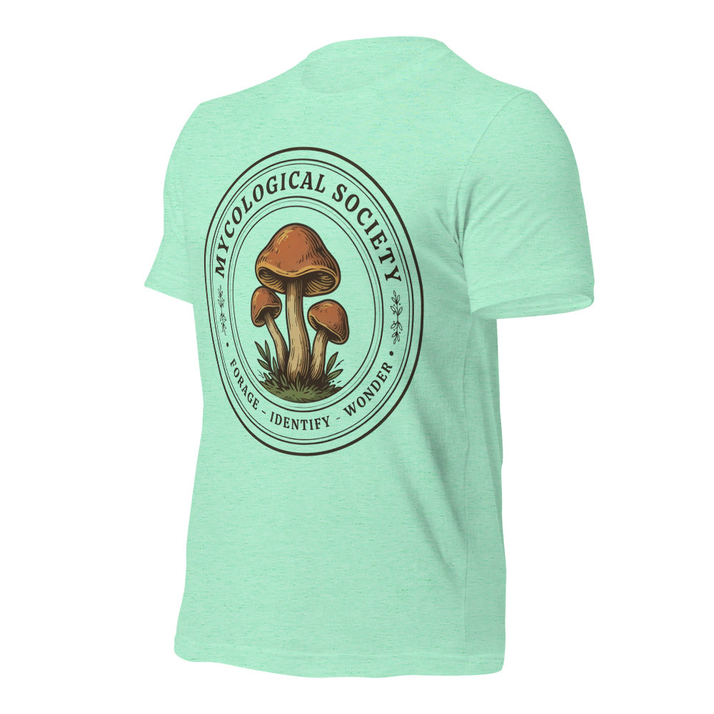 Mushroom Foraging Mycological Society vintage botanical tee — Heather Mint, front-right