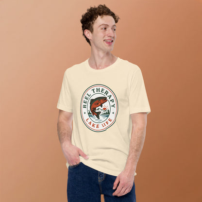 Reel Therapy retro national-park trout badge fishing tee — Heather Natural, on model