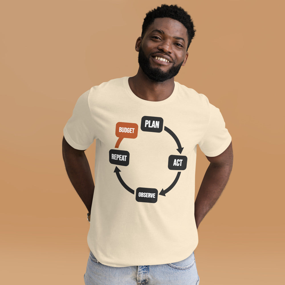 Plan Act Observe Repeat tee — Heather Natural, on model