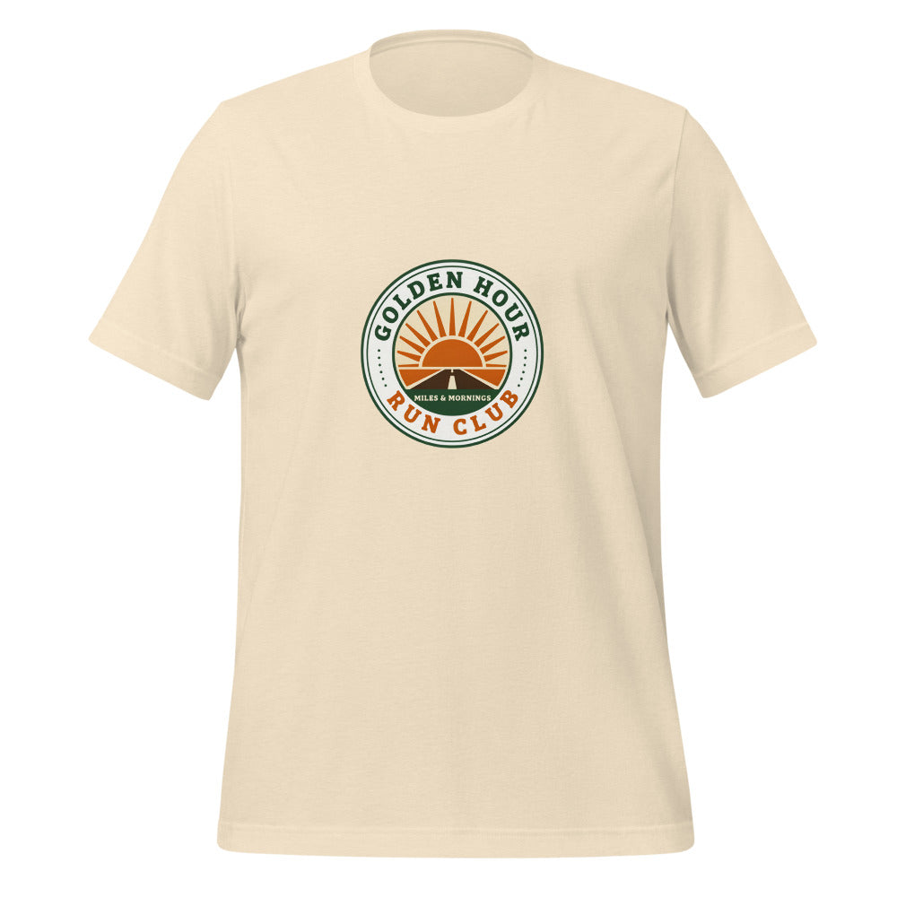 Golden Hour Run Club retro running tee — Heather Natural, front